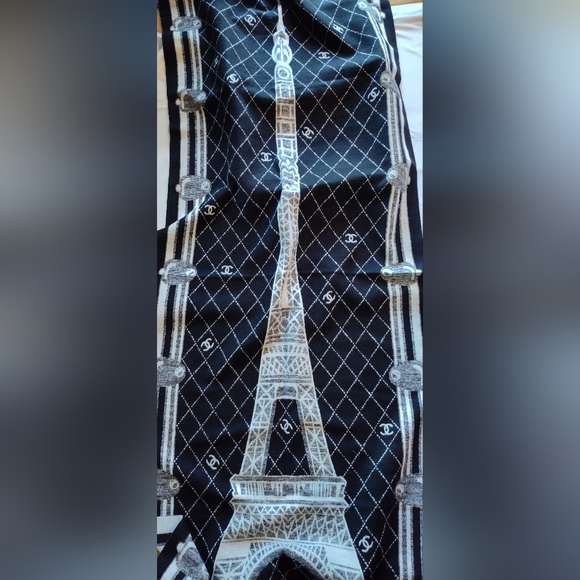 unbranded Accessories - CHANEL GWP Black White Logo Scarf Eiffel Tower Paris Fringe Shawl Wrap NWT NIB